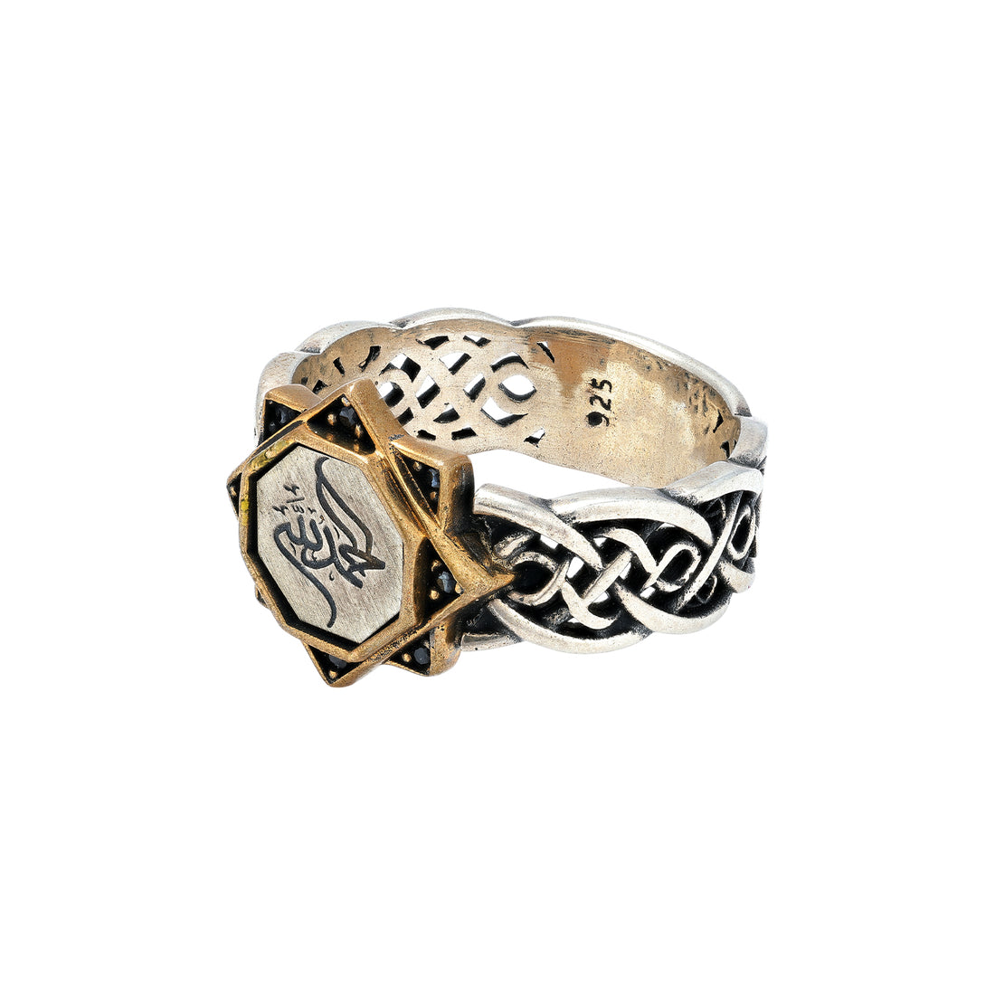925 Sterling Silver Hexagonal Emblem Calligraphy Gothic Patterned Black Stone Frame Ring for Men