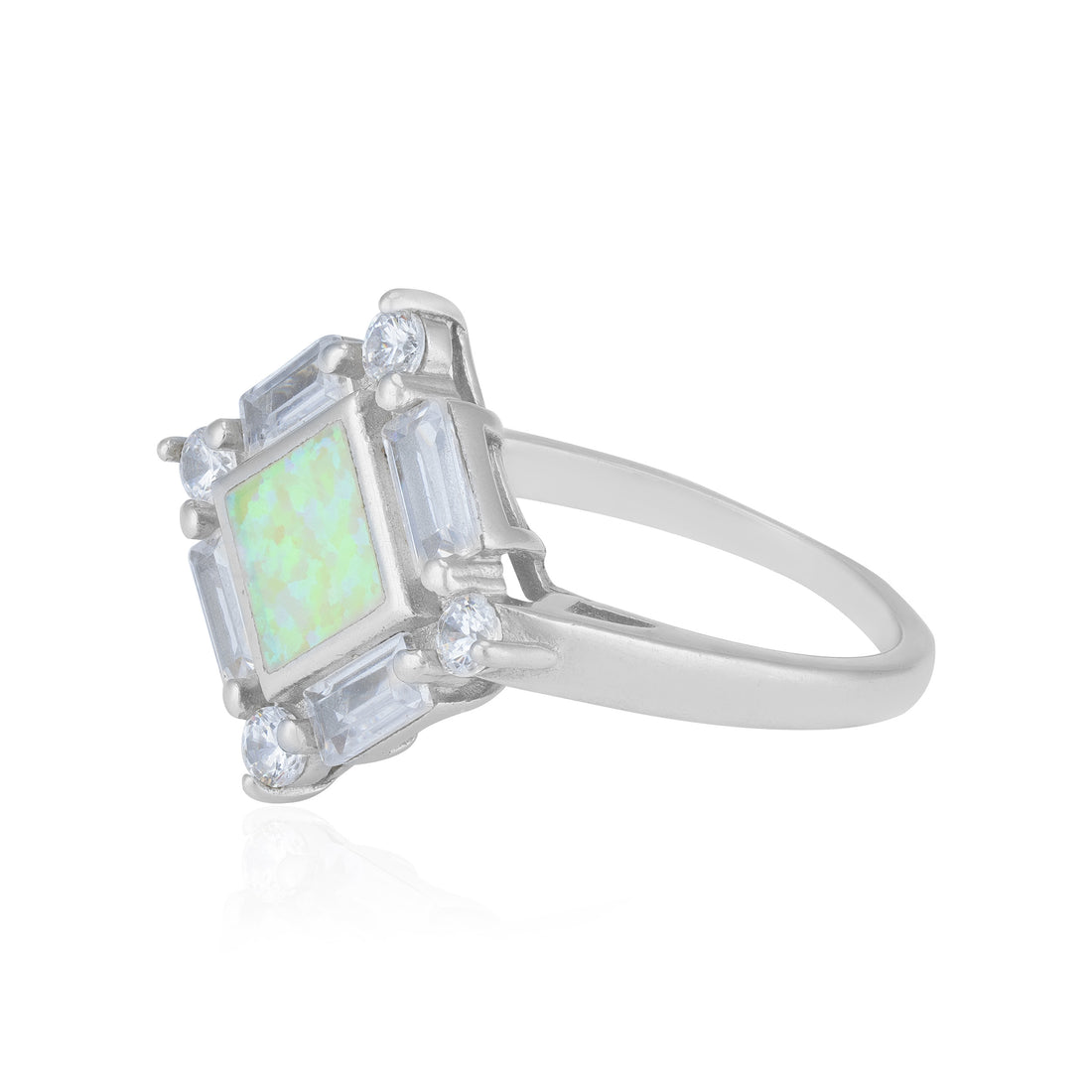 925 Sterling Silver Iridescent Opal Glow Diamond Accented Geometric Princess Ring for Women
