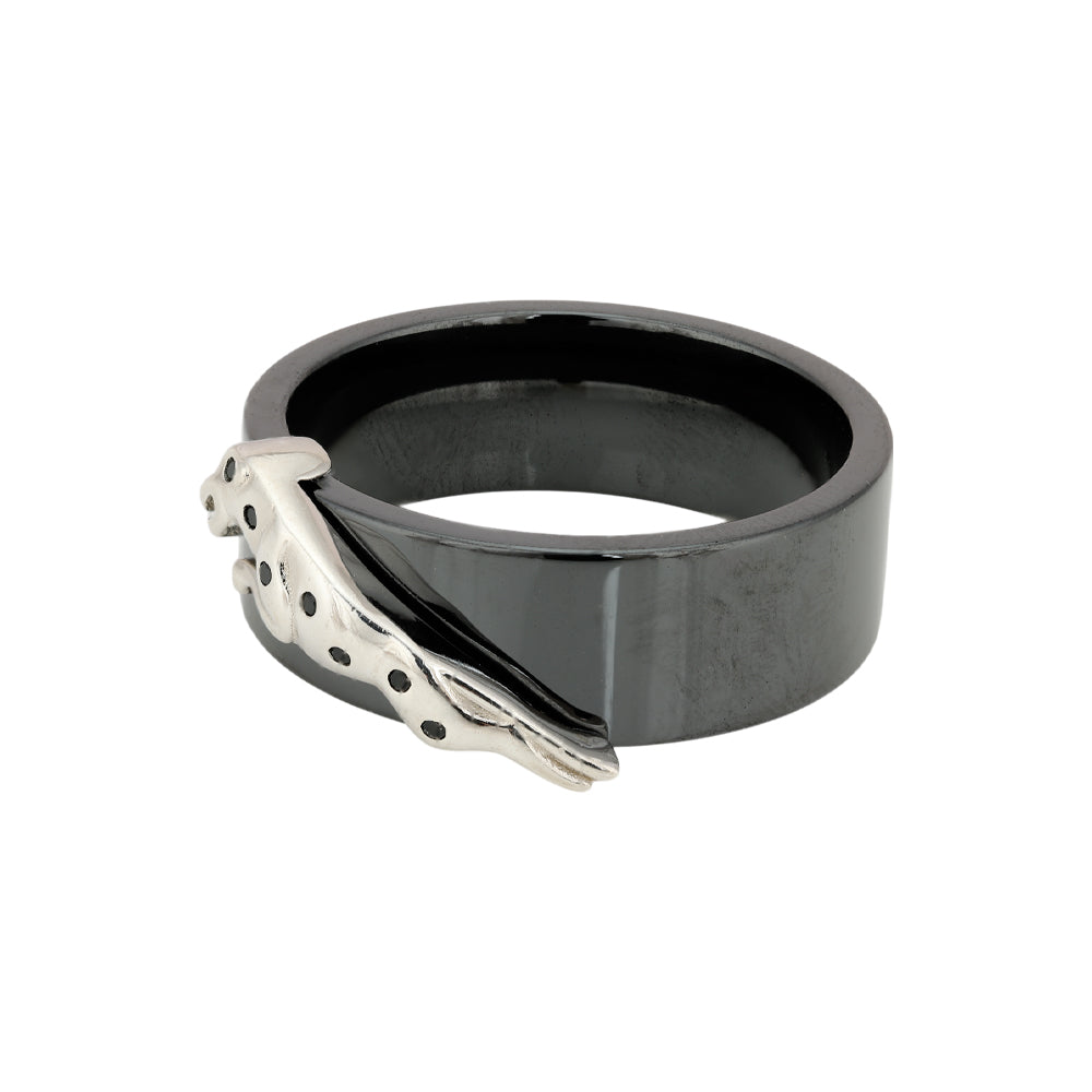 925 Sterling Silver Jaguar Leopard Black Polish Ring for Men