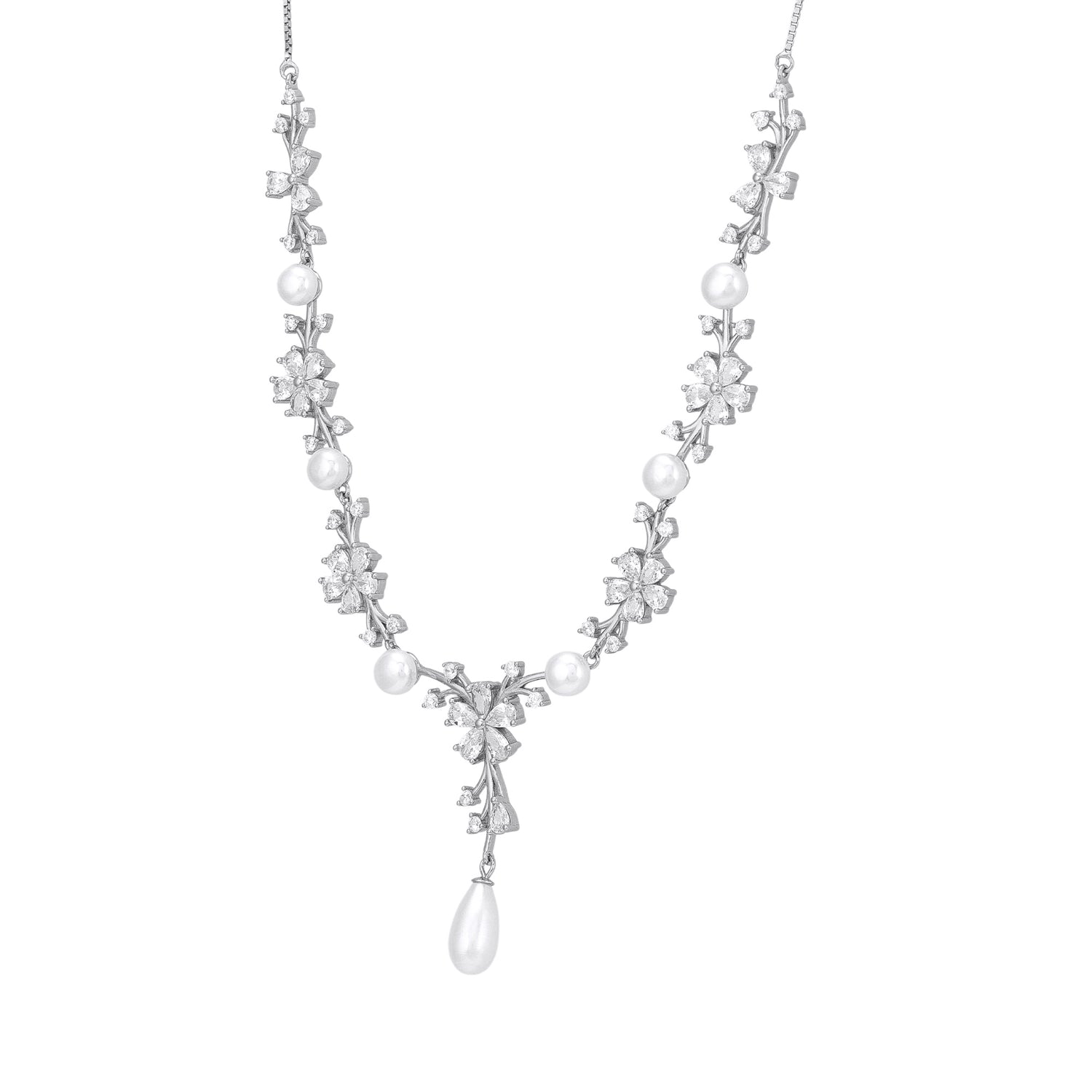 925 Sterling Silver Korean Snowdrop Bloom Crystal Sprigs Pearl Dangling Necklace for Women