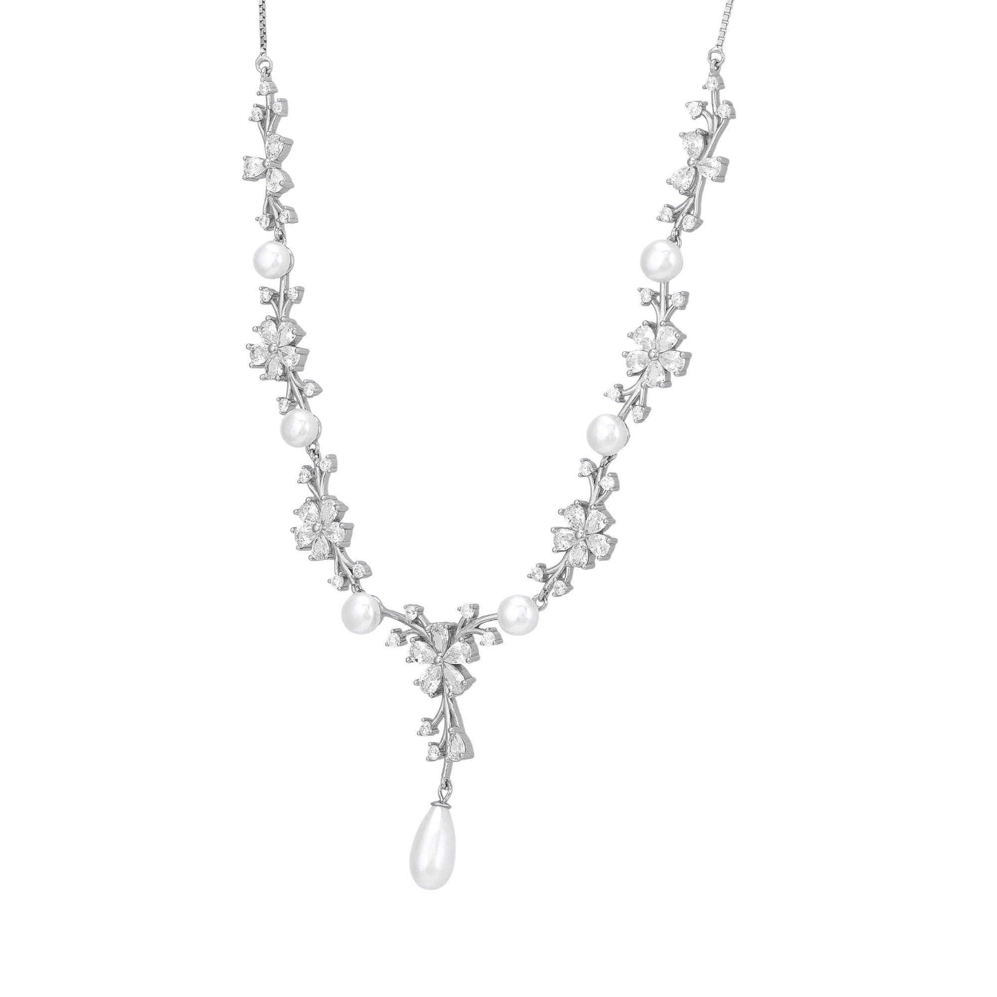 925 Sterling Silver Korean Snowdrop Bloom Crystal Sprigs Pearl Dangling Necklace for Women