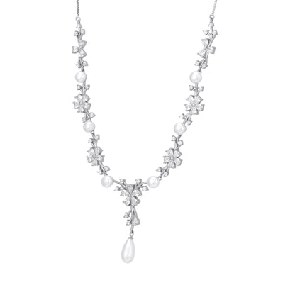 925 Sterling Silver Korean Snowdrop Bloom Crystal Sprigs Pearl Dangling Necklace for Women