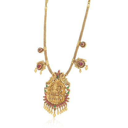 925 Sterling Silver Lakshmi Pendant with Side Red Stones Drop Gold Plated Necklace For Women