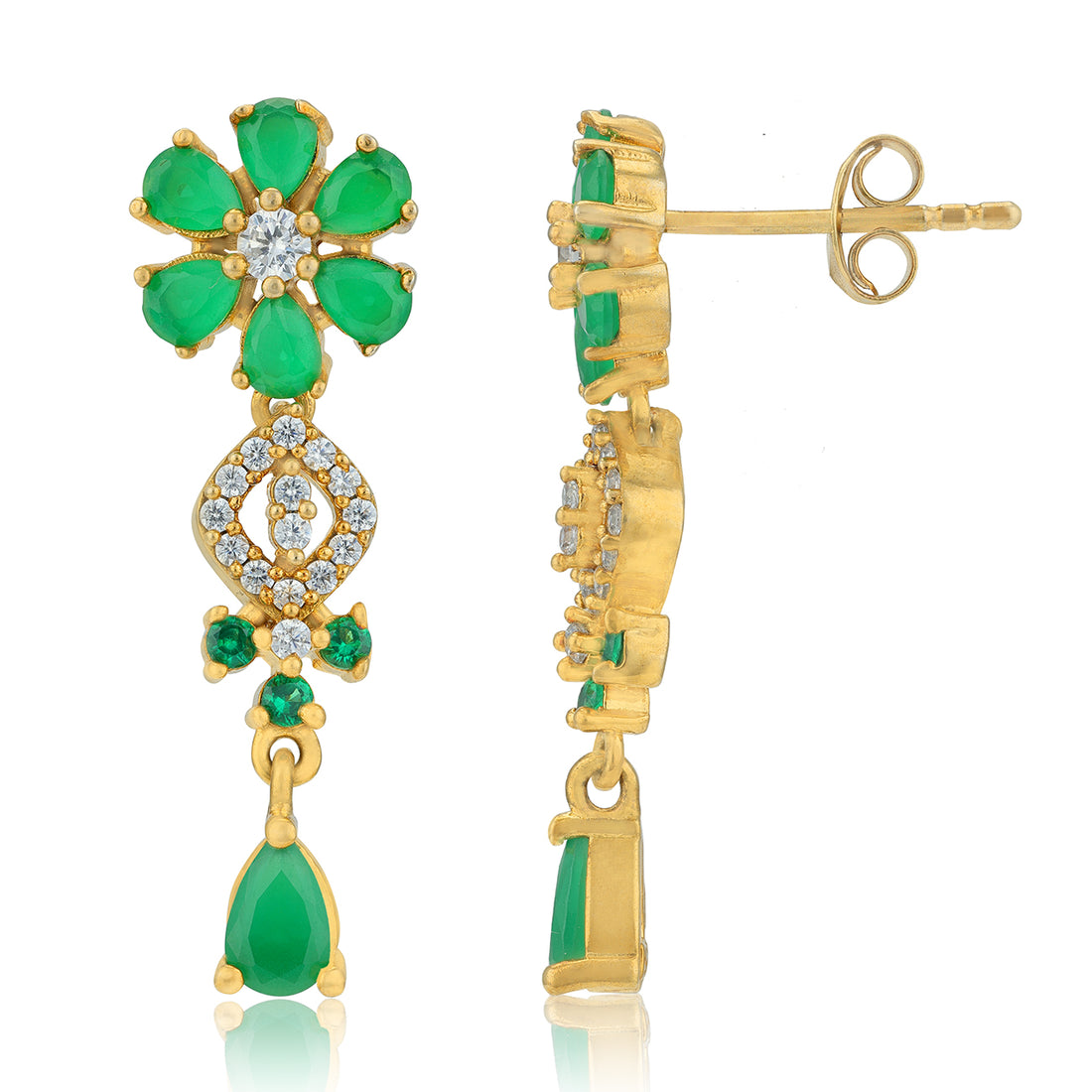 925 Sterling Silver Layered Green Flower Teardrop Gold Plated Earrings for Women