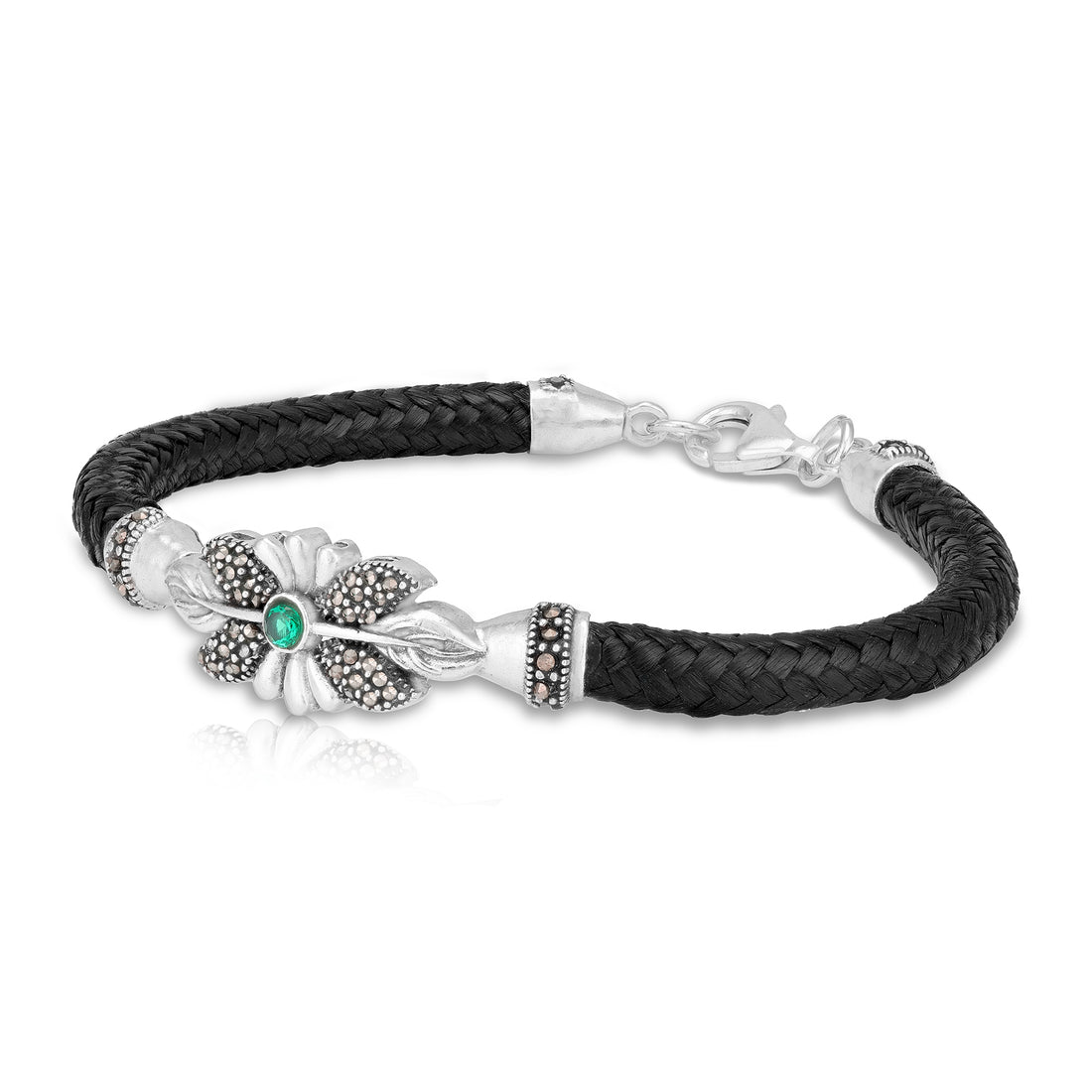 925 Sterling Silver Leaf Marcasite Emerald-Green Center Stone Braided Black Strap Floral Bracelet for Men