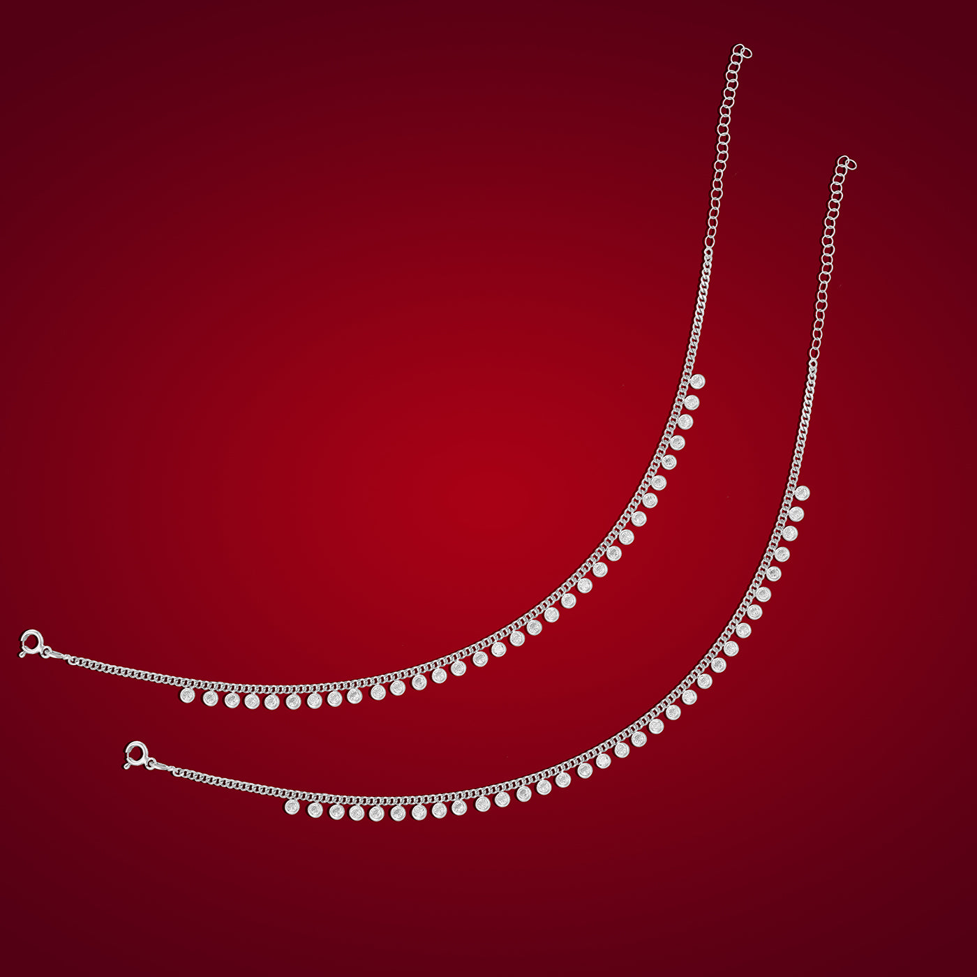 925 Sterling Silver Link Chain Stoned Circle Drops Anklets For Women