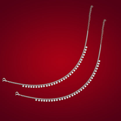 925 Sterling Silver Link Chain Stoned Circle Drops Anklets For Women
