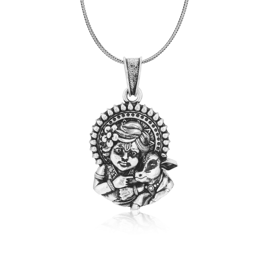 925 Sterling Silver Little Krishna with Cow Oxidised Pendants for Men & Women