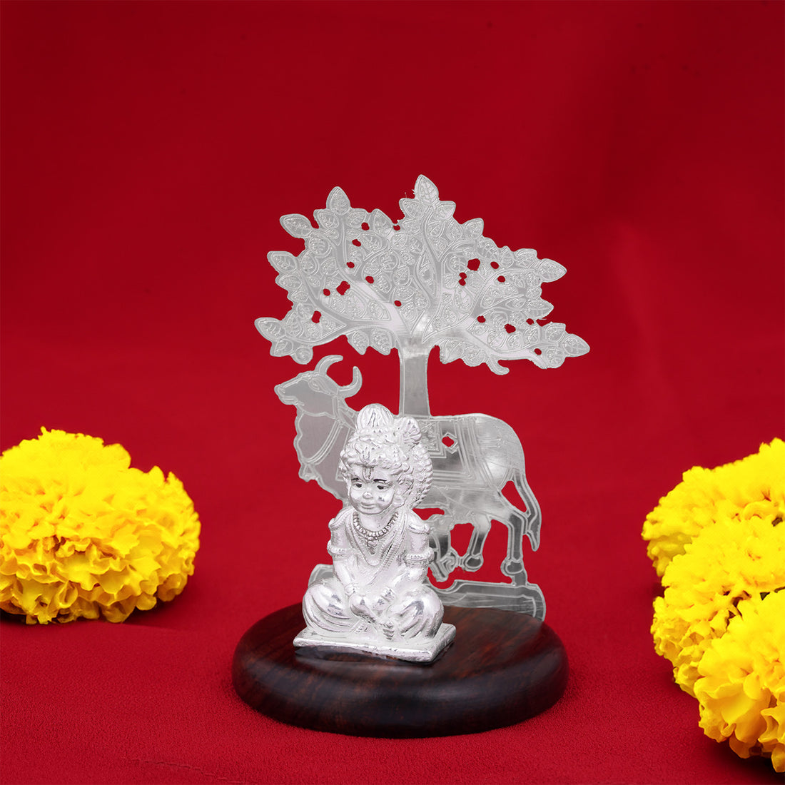 925 Sterling Silver Little Krishna with Cow Under Tree Rosewood Base Idol