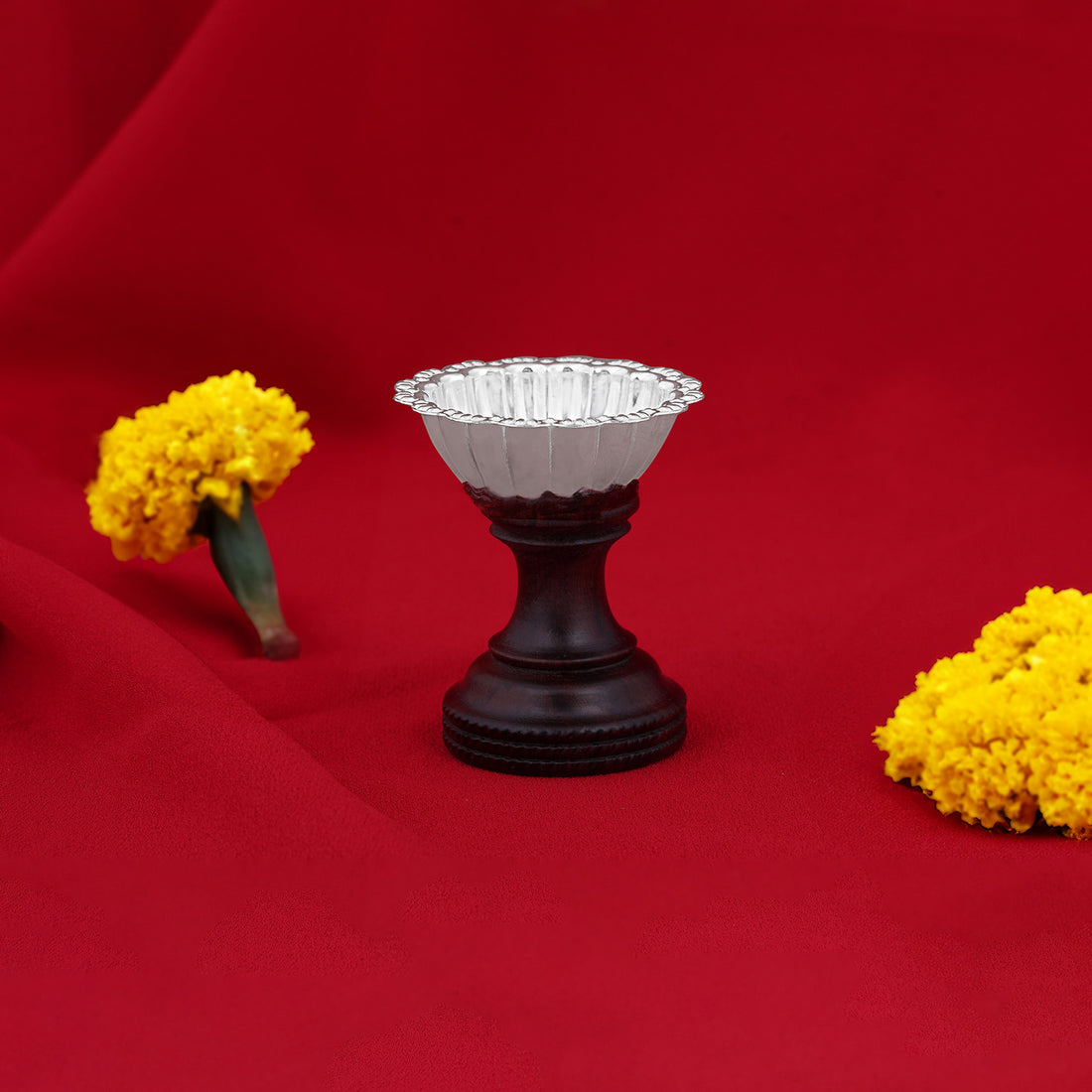 925 Sterling Silver Long Floral Diya with Rosewood Base