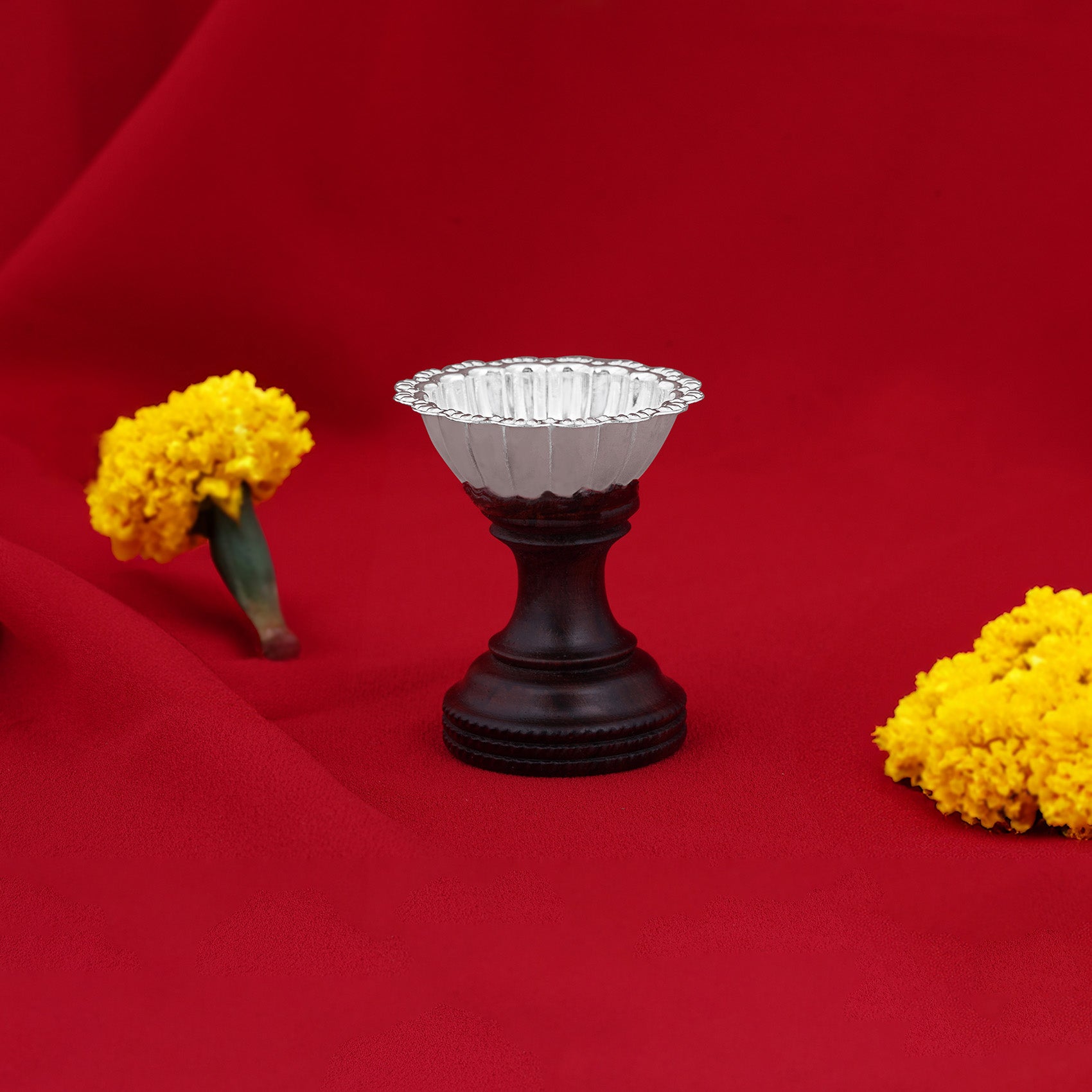925 Sterling Silver Long Floral Diya with Rosewood Base