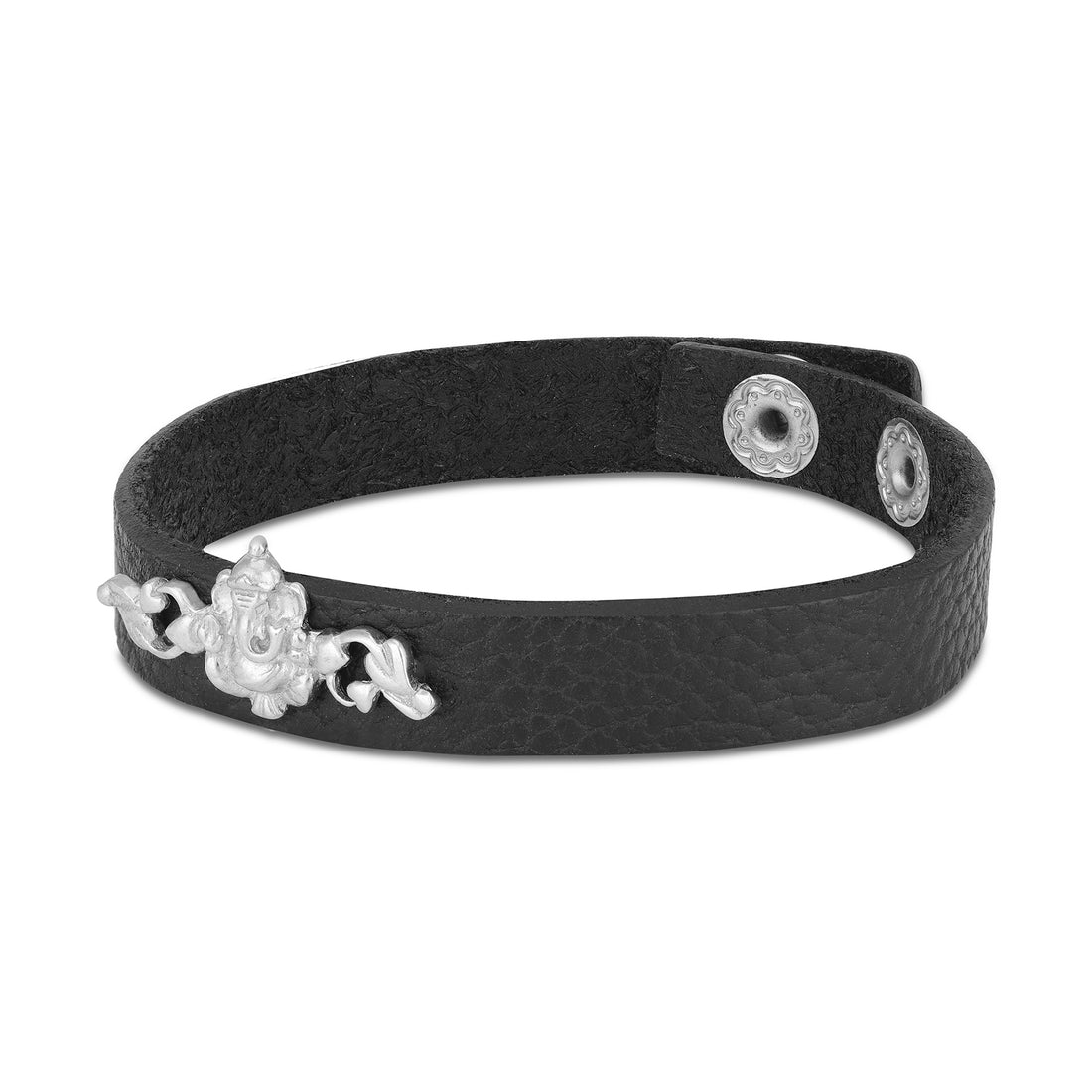 925 Sterling Silver Lord Ganesha Curved Vine Detailing Black Leather Strap Bracelet for Men