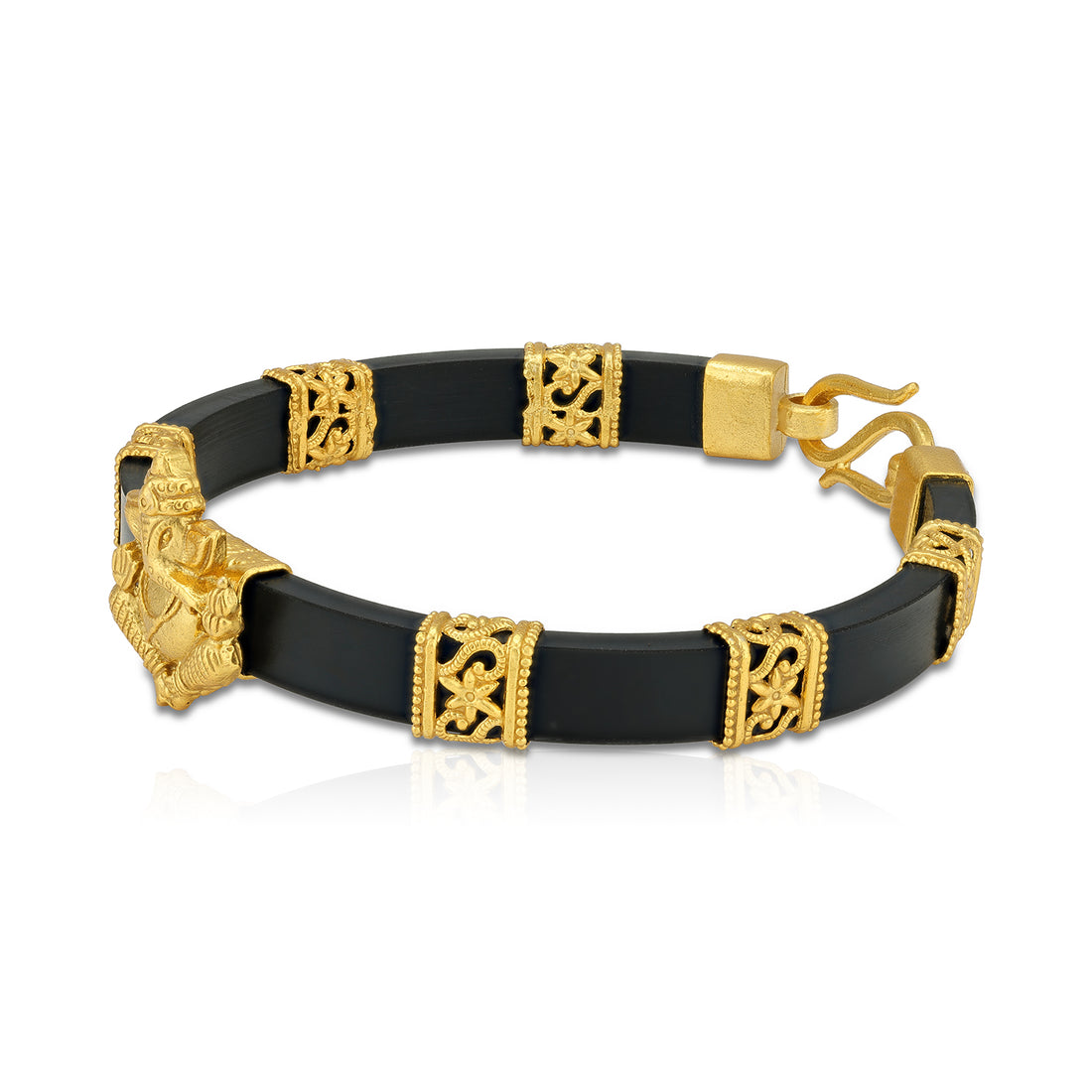 925 Sterling Silver Majestic Gold-Plated Ganesha Temple Inspired Side Panels  Black Strap Bracelet for Men