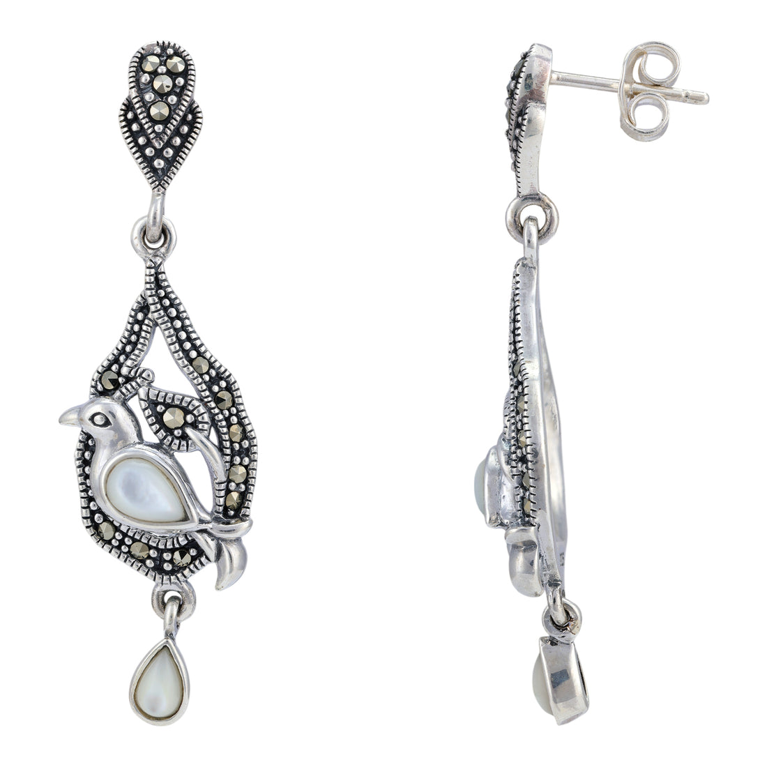 925 Sterling Silver Marcasite Bird Perch Drop Earring for Women