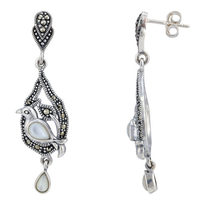 925 Sterling Silver Marcasite Bird Perch Drop Earring for Women