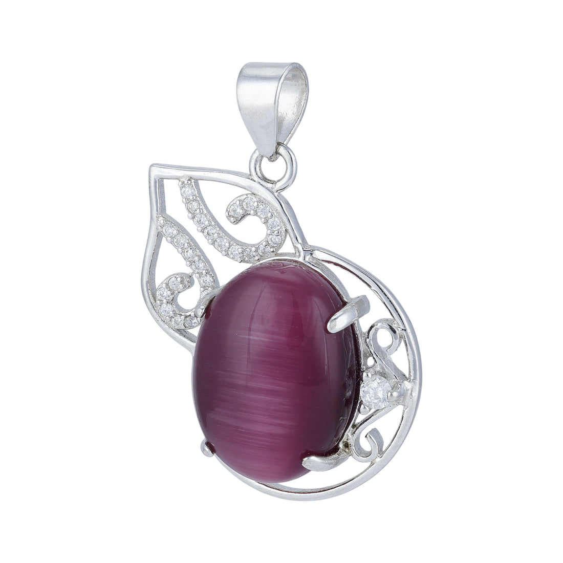 925 Sterling Silver Maroon Cat’s Eye Leaf Scroll Frame Design Pendant for Women