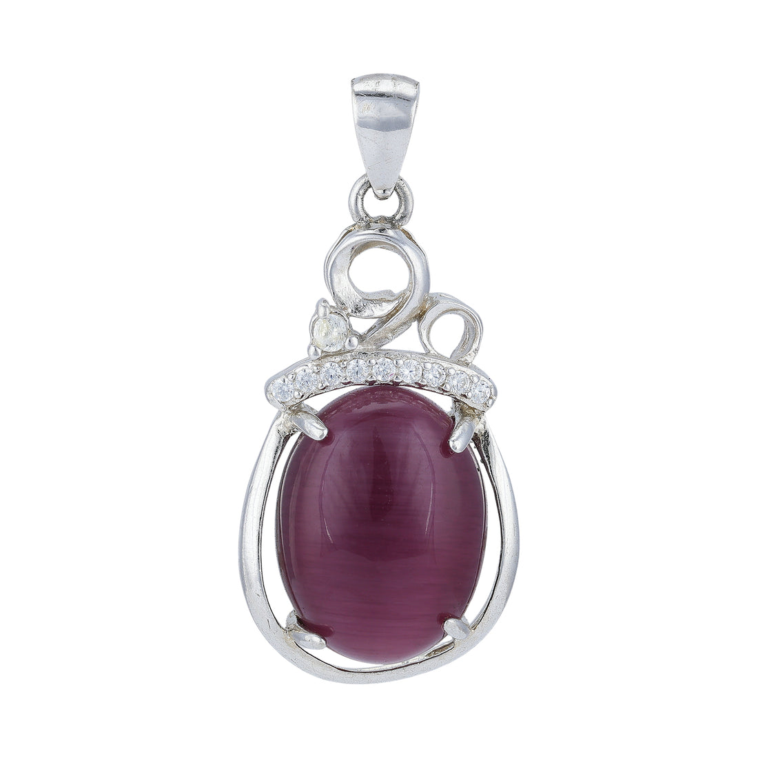 925 Sterling Silver Maroon Cat’s Eye Oval Curved Loop Accent Pendant for Women