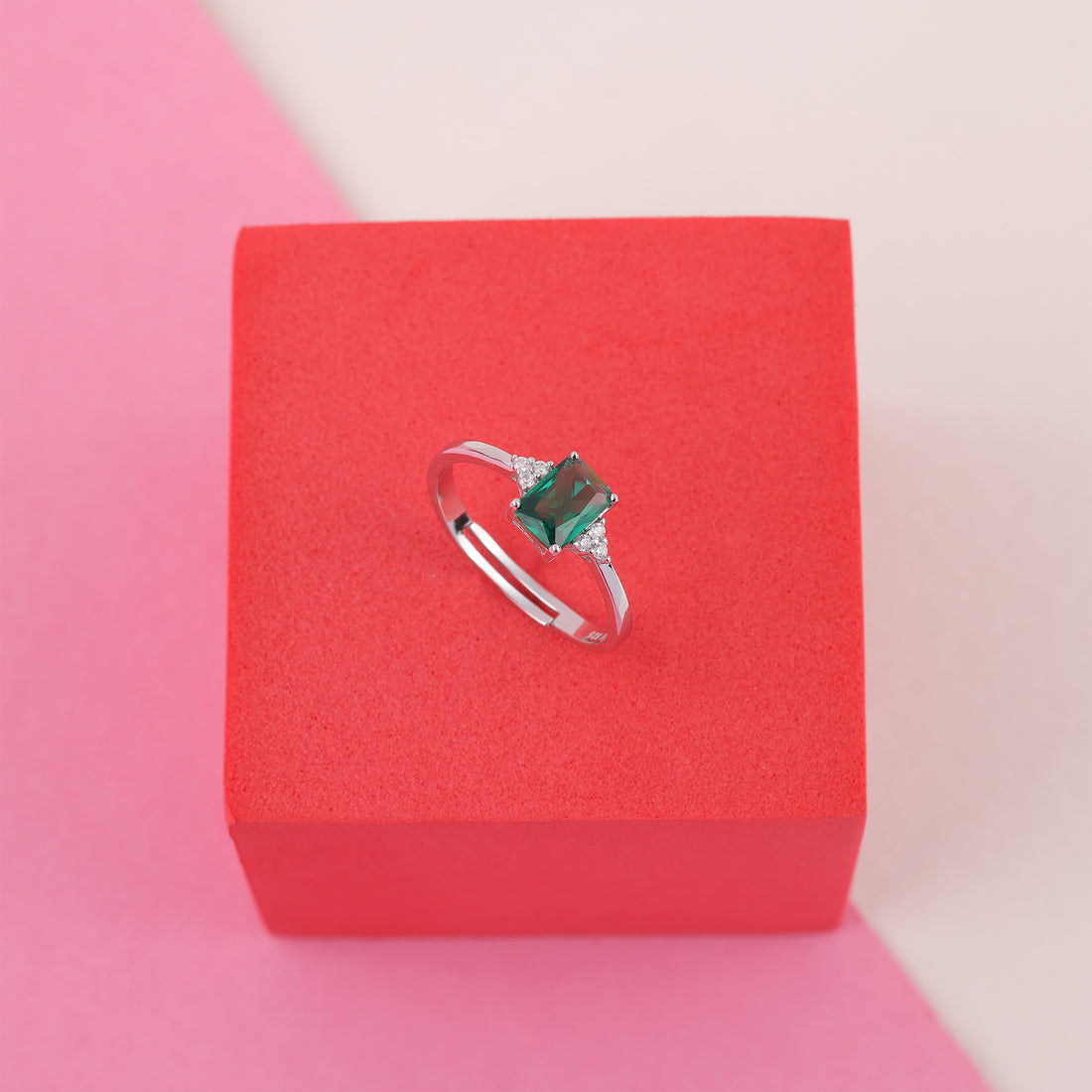 925 Sterling Silver May Month Square Emerald Pendant Chain, Earrings, and Ring For Women