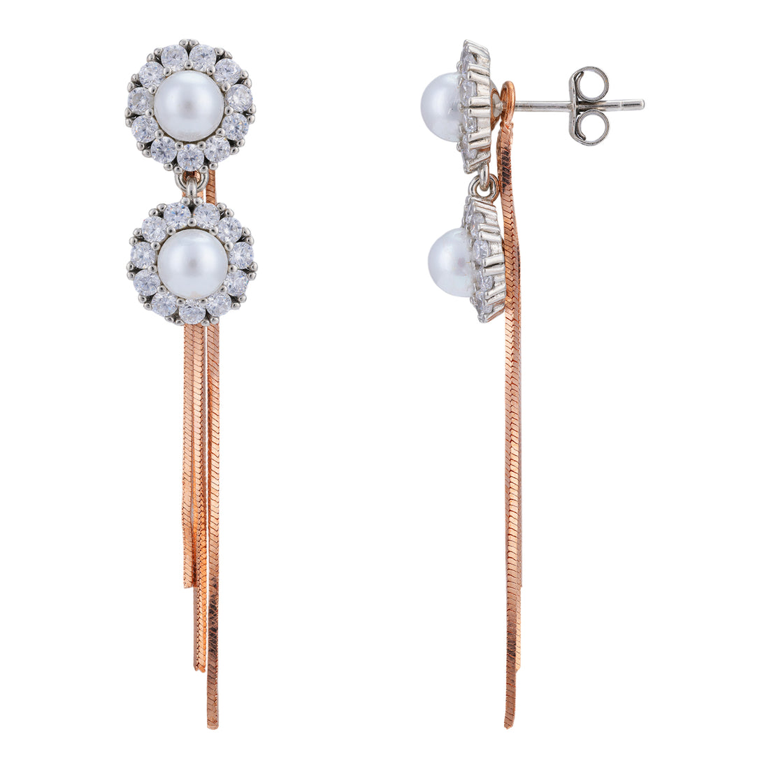 925 Sterling Silver Modern Double Pearl Draped Tassel Earring for Women