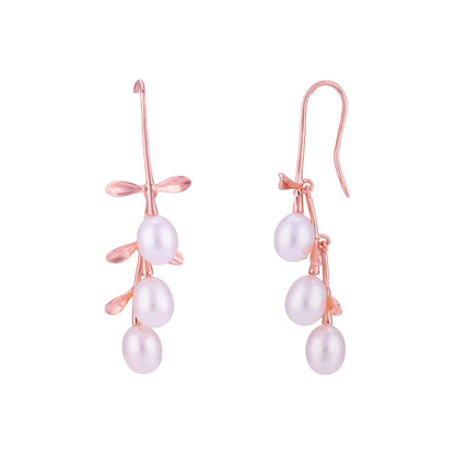 925 Sterling Silver Modern Leaf Triple Pearl Glossy Rose Gold Earrings for Women