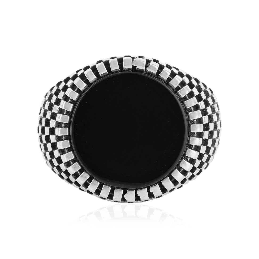 Sterling Silver Monochrome Oxidised Checked Pattern Black Agate Ring