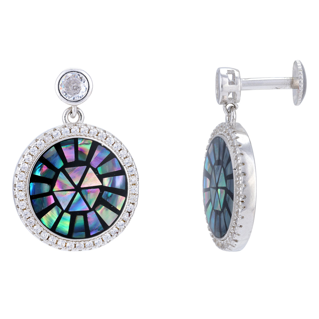 Sterling Silver Mosaic Disc Rhodium Plated Earrings For Women