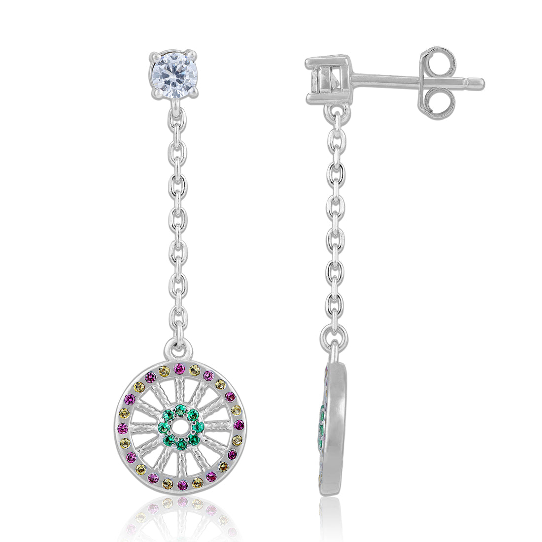 925 Sterling Silver Multicolor Chakra Spoked Disc Hanging Earrings for Women