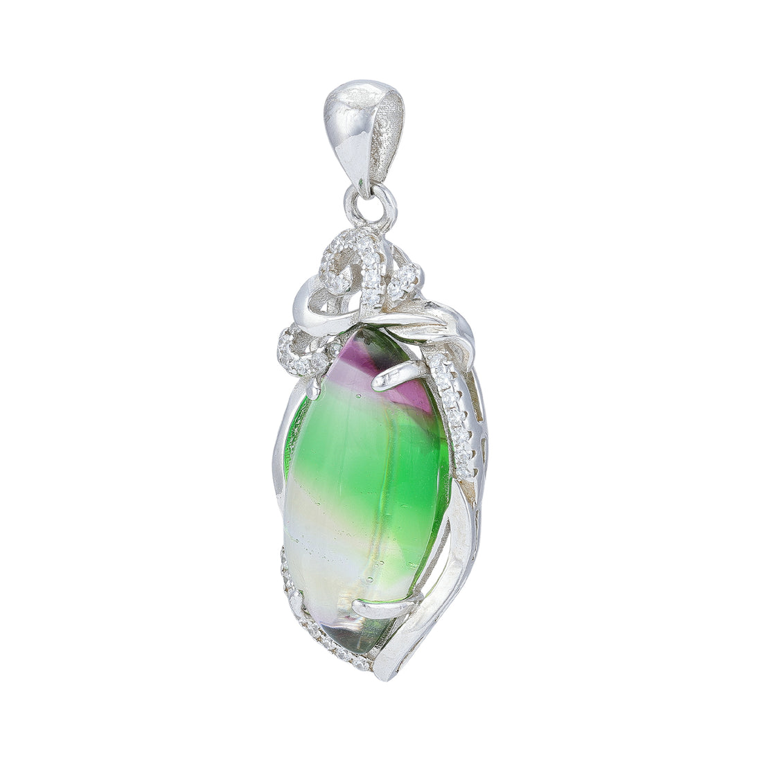 925 Sterling Silver Multicolor Oval Fluorite Twisted Vine Frame Pendant for Women
