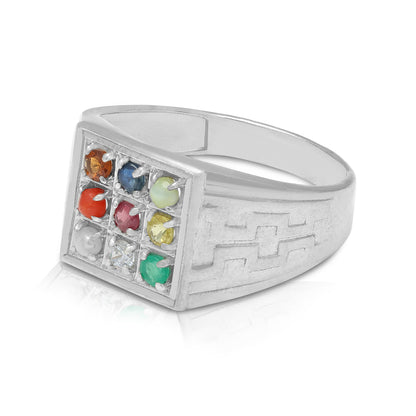 925 Sterling Silver Navaratna 9 Gemstones Sacred Grid Square Rhodium Plated Ring for Men
