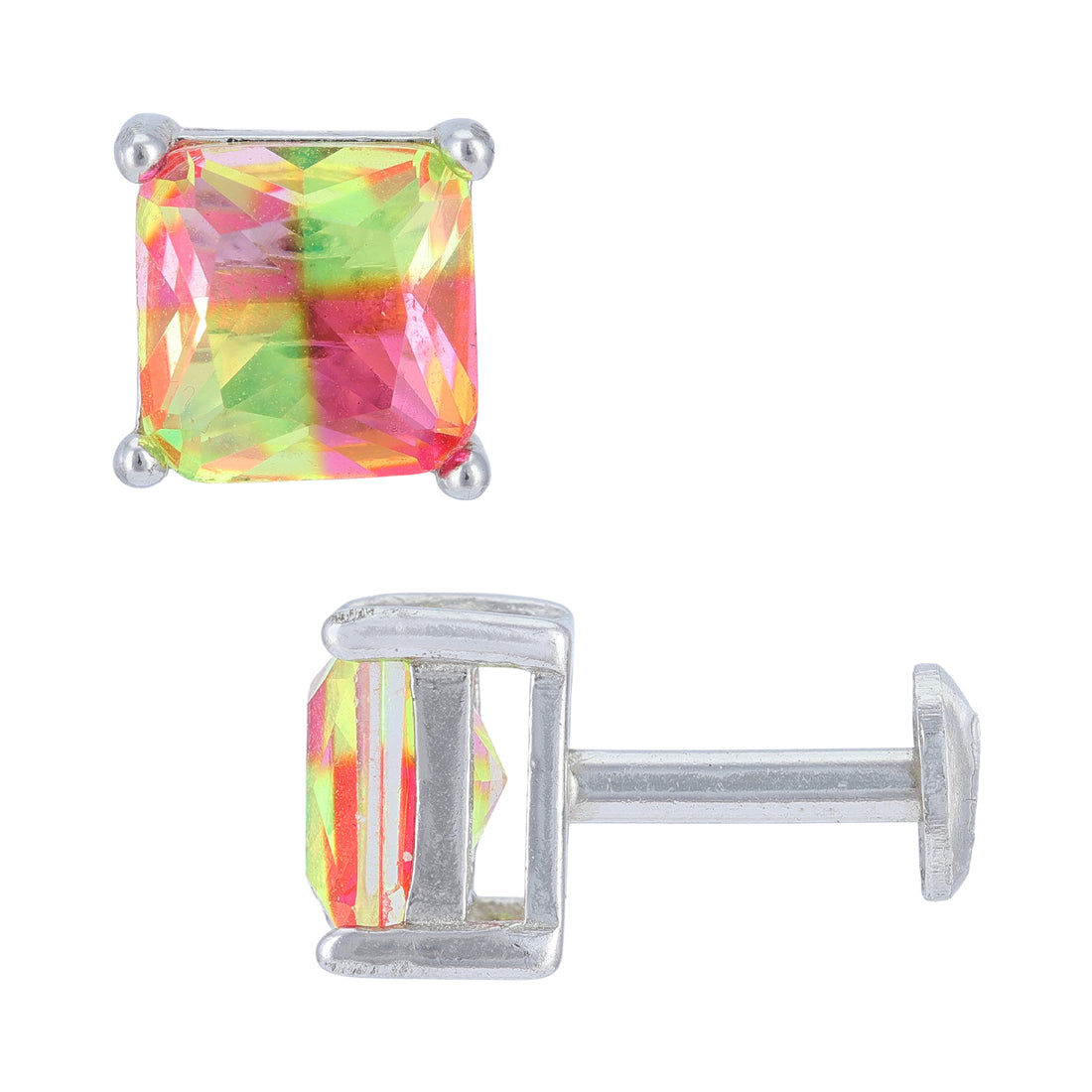 Sterling Silver Neon Prism Cushion Cut Rhodium Plated Earrings For Women