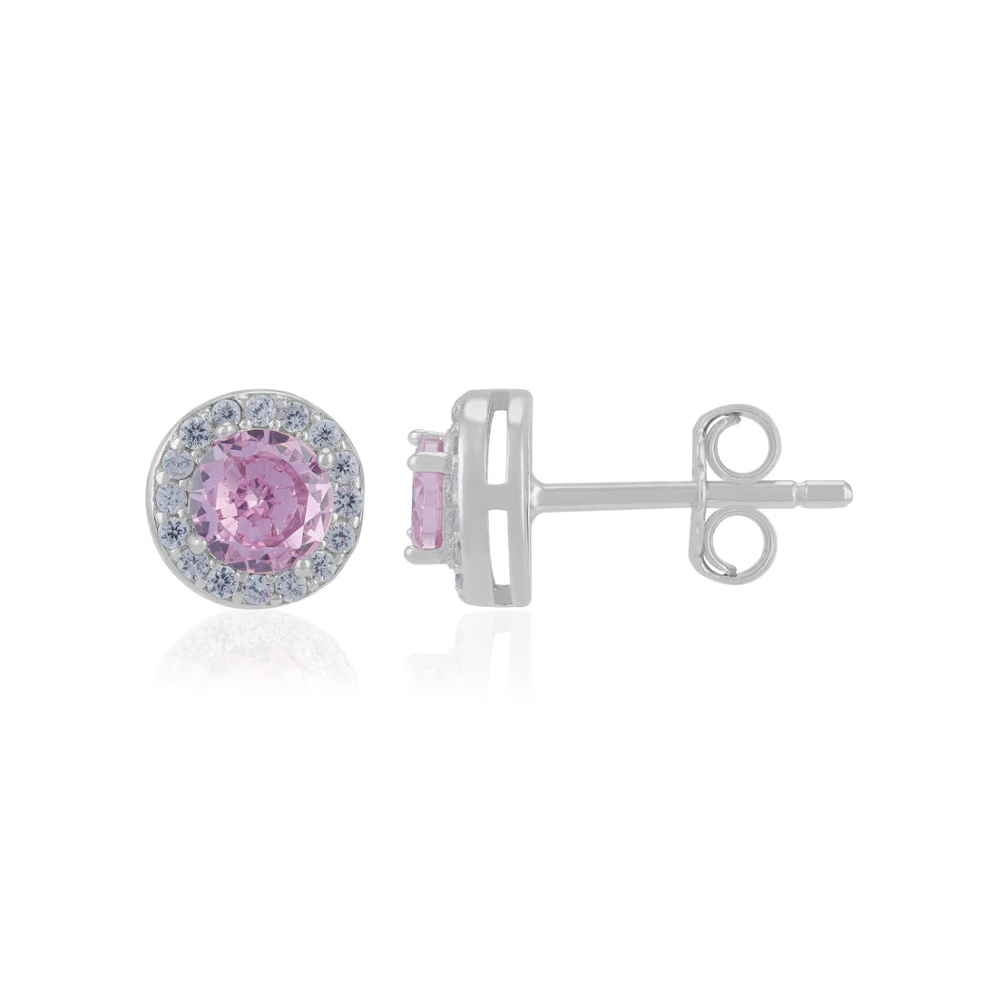Sterling Silver October Month Circle Pink Tourmaline Birthstone Stud For Women