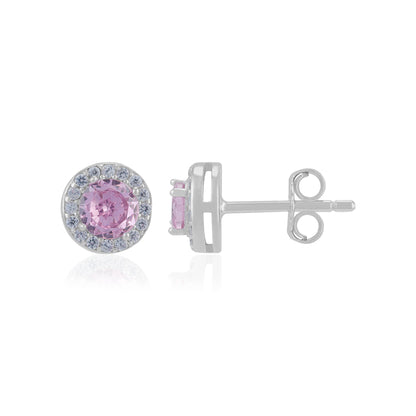 Sterling Silver October Month Circle Pink Tourmaline Birthstone Stud For Women