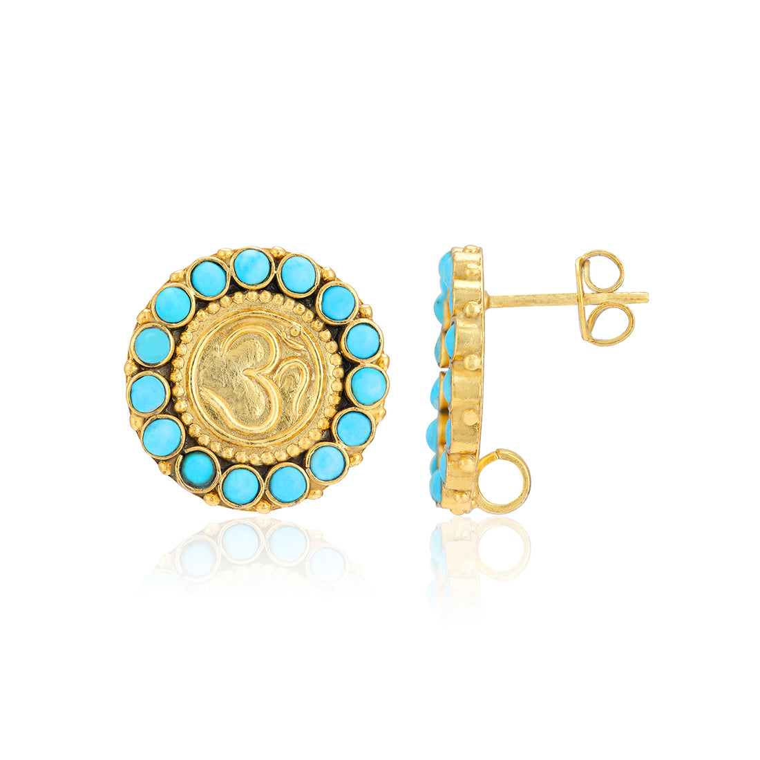 Sterling Silver Om Design Turquoise Stone Border Earrings For Women