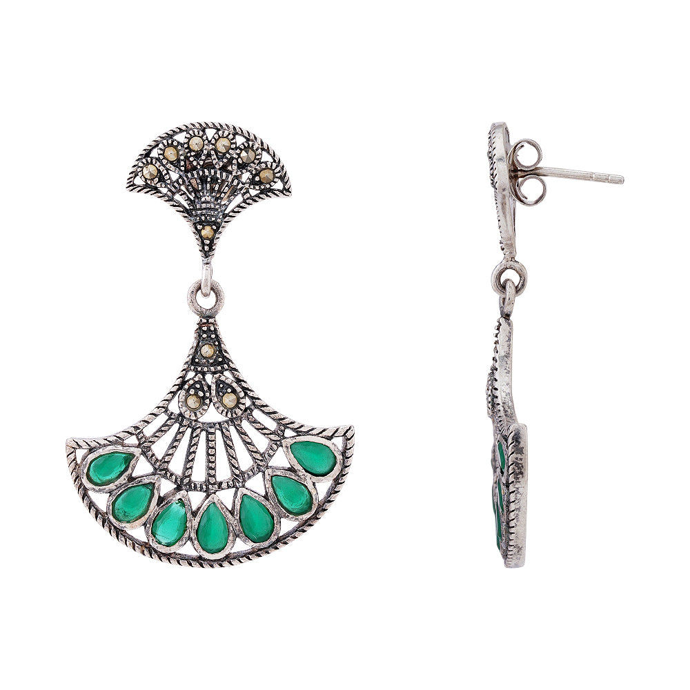 Sterling Silver Oxidised Marcasite Green Earring