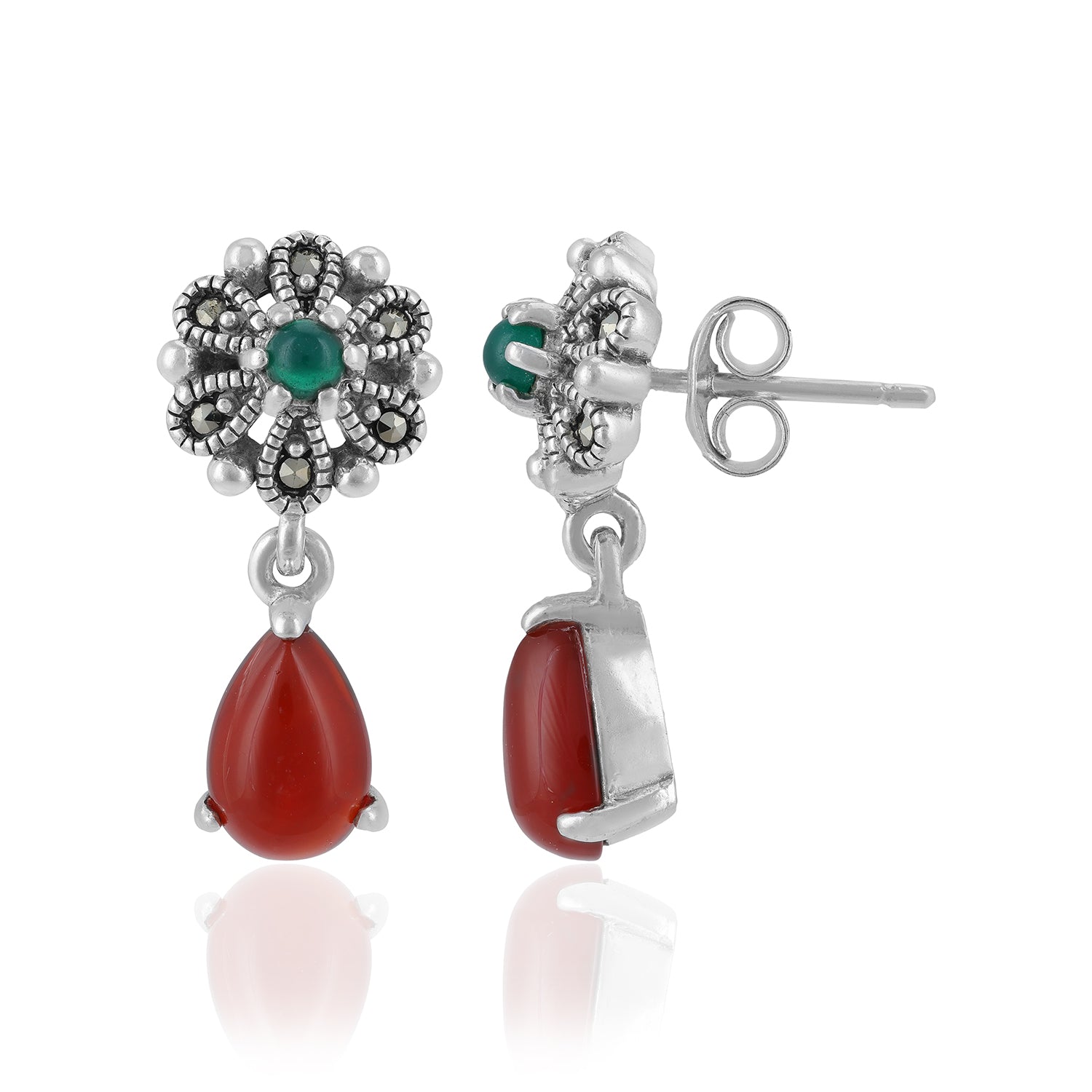 925 Sterling Silver Oxidized Floral Green Stone Red Drop Earrings For Women