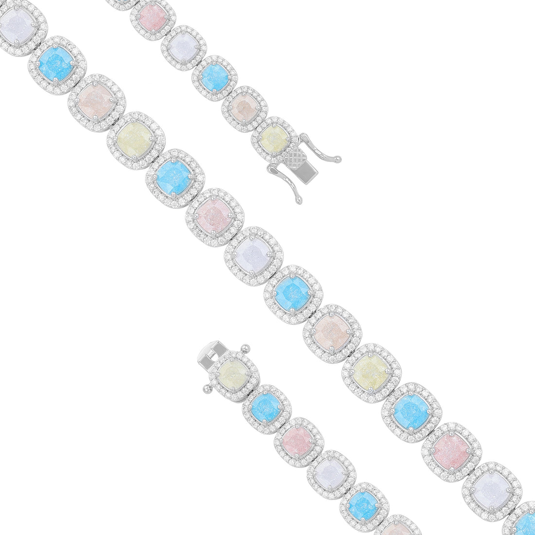 925 Sterling Silver Pastel Prism Halo Square Cut Rhodium Plated Bracelet for Women