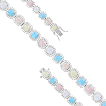 925 Sterling Silver Pastel Prism Halo Square Cut Rhodium Plated Bracelet for Women