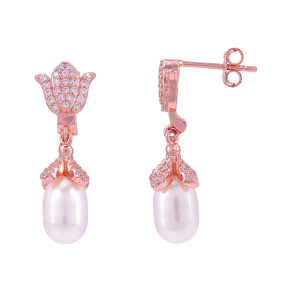 925 Sterling Silver Pave Tulip Pearl Drop Rose Gold Earrings for Women