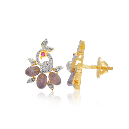 Sterling Silver Peacock Shape Grey Cabochon Drop Gold Plated Earrings For Women