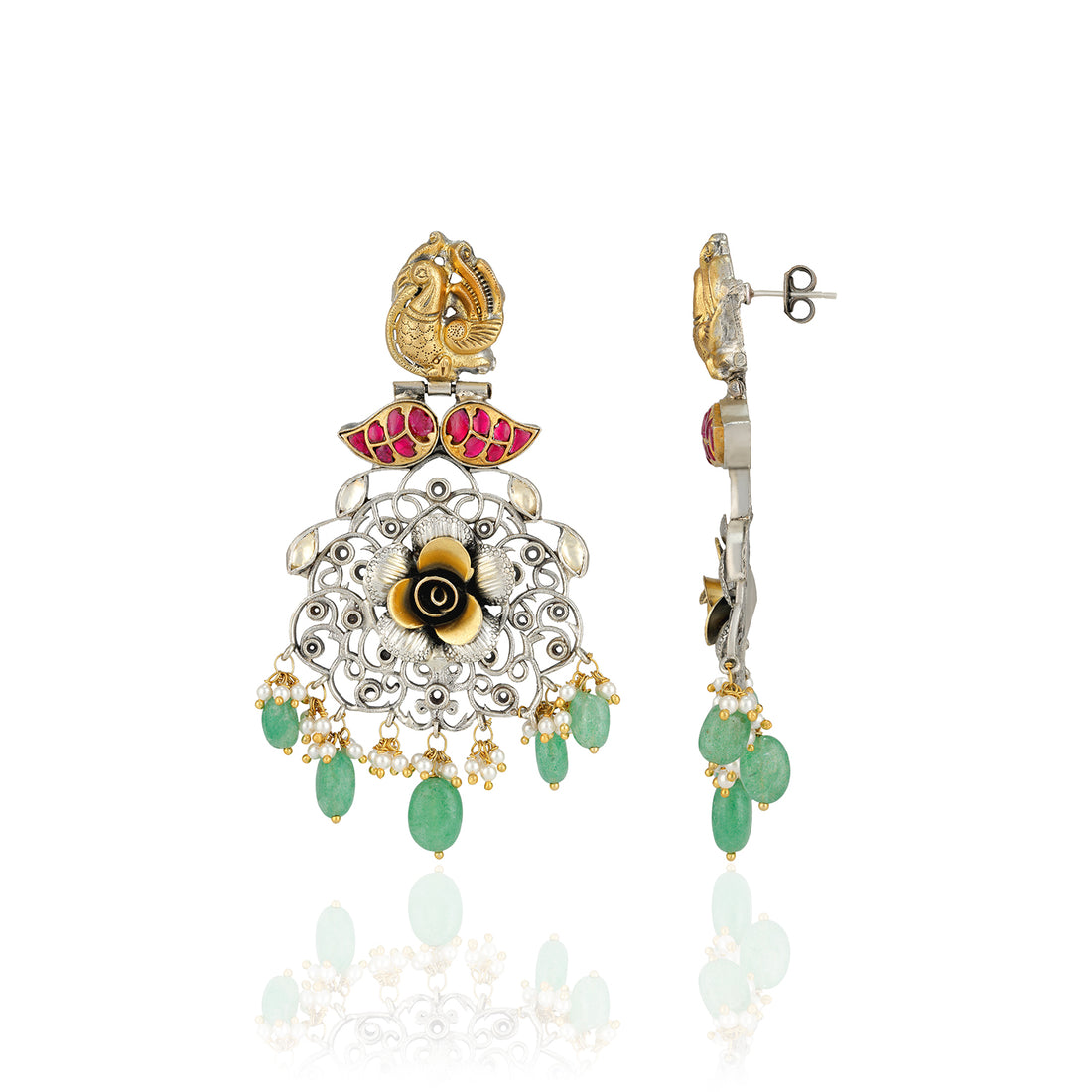 925 Sterling Silver Peacock With Dual Tone Floral Green Drops Earrings for Women