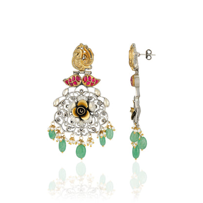 925 Sterling Silver Peacock With Dual Tone Floral Green Drops Earrings for Women