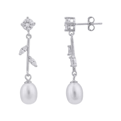 925 Sterling Silver Pearl Drop Leaf Stem Earrings for Women