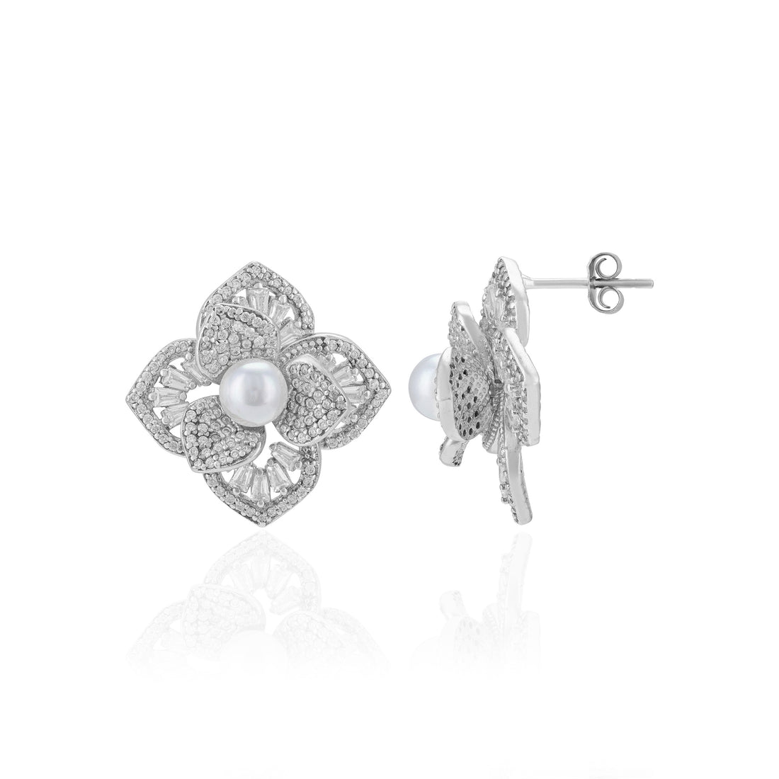 Sterling Silver Petal Luxe Central Pearl Glow Rhodium Plated Earrings For Women