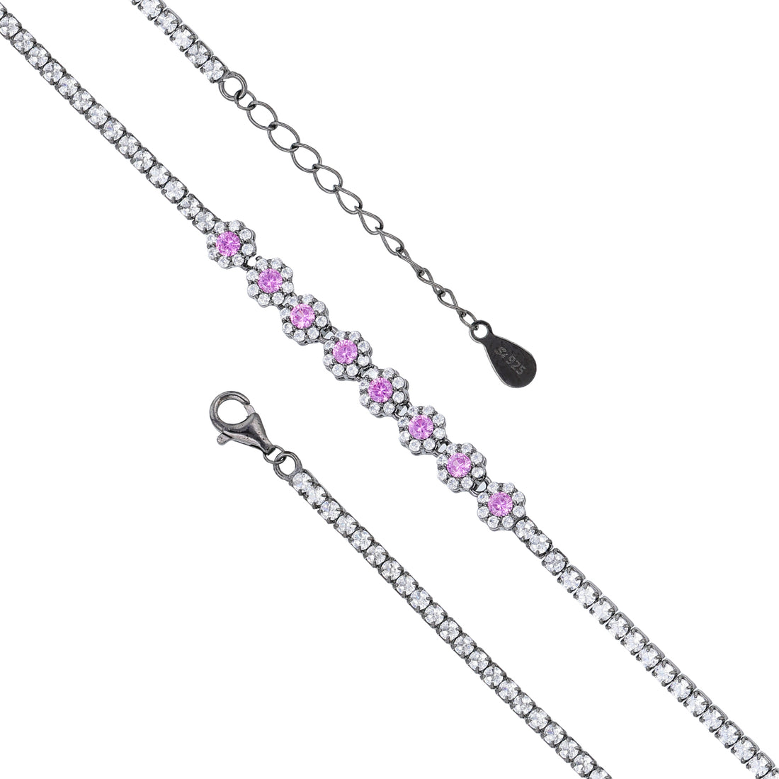 Sterling Silver Pink Daisy Blossom Tennis Bracelet for Women