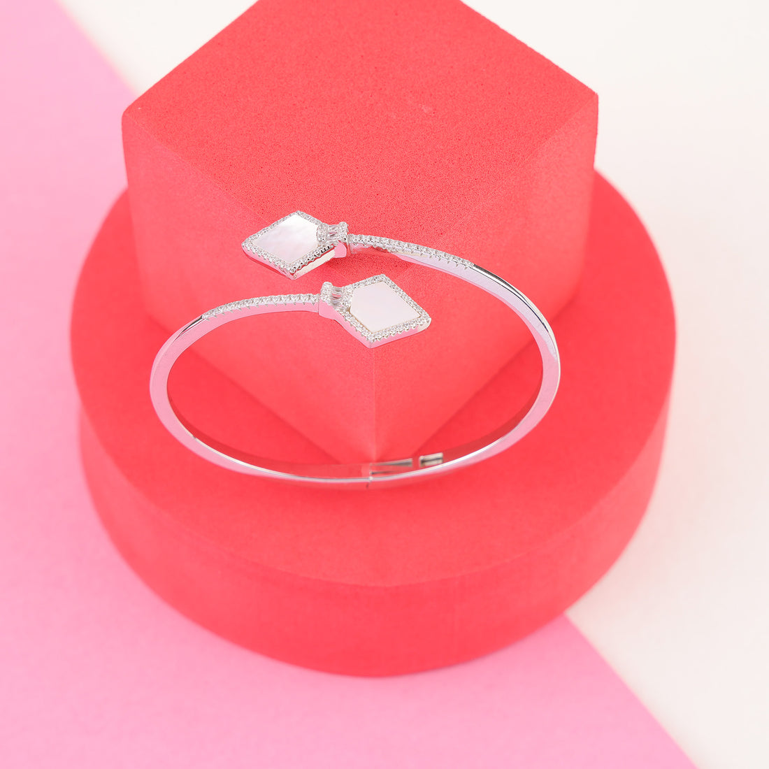 925 Sterling Silver Pink Mirage Diamond-Cut Statement Rhodium plated Bracelet and Ring for Women