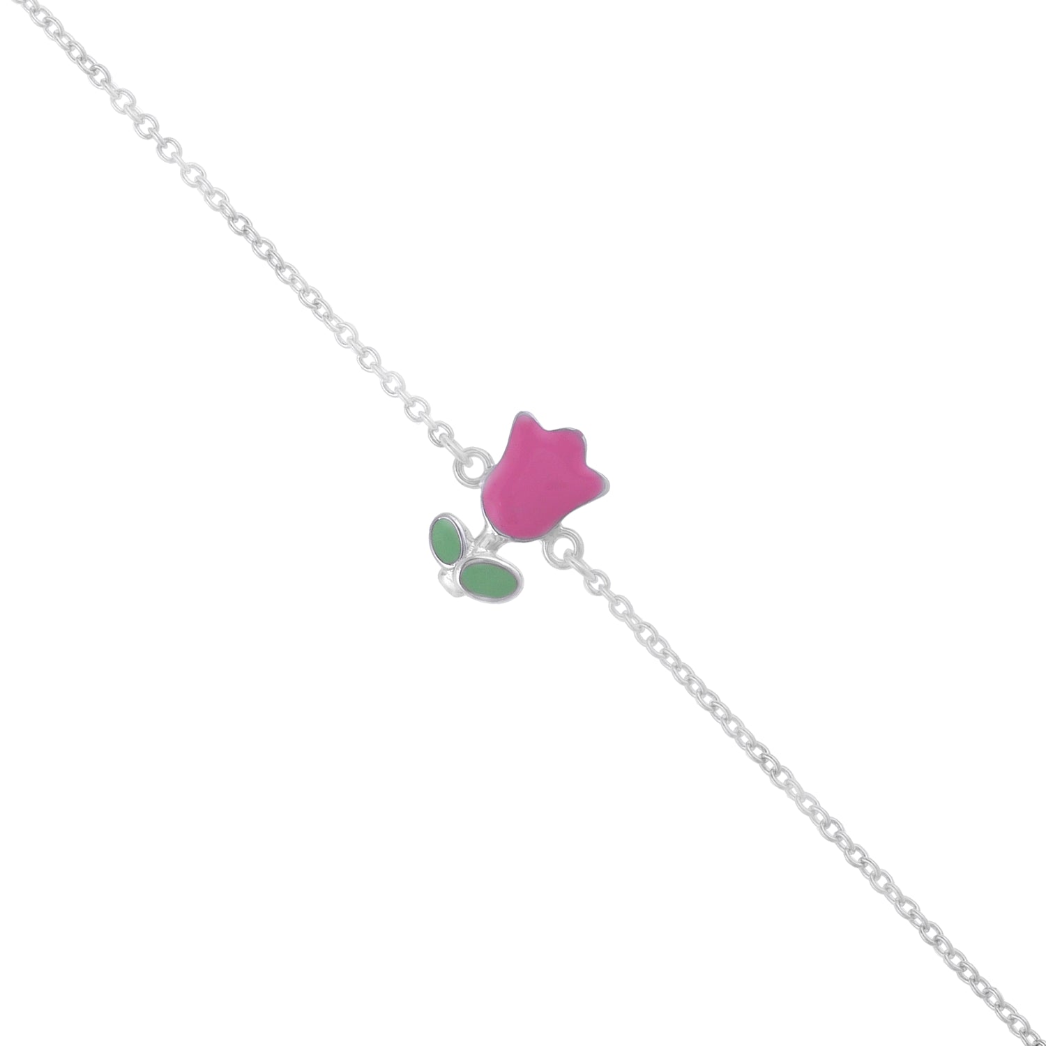 925 Sterling Silver Pink Tulip Charm Rhodium Plated Bracelets For Kids