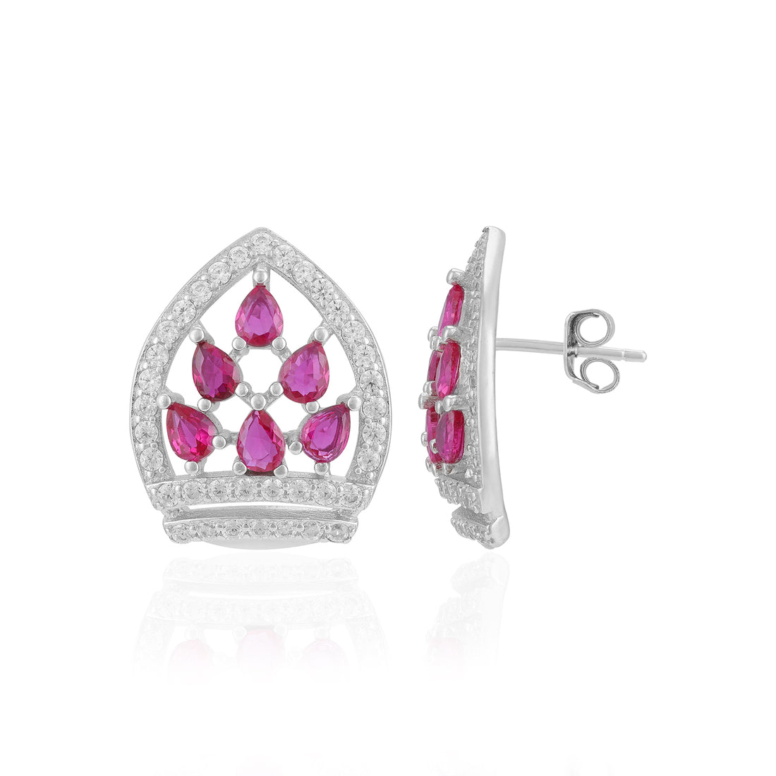 Sterling Silver Queen’s Pink Crown Top Rhodium Plated Earrings For Women
