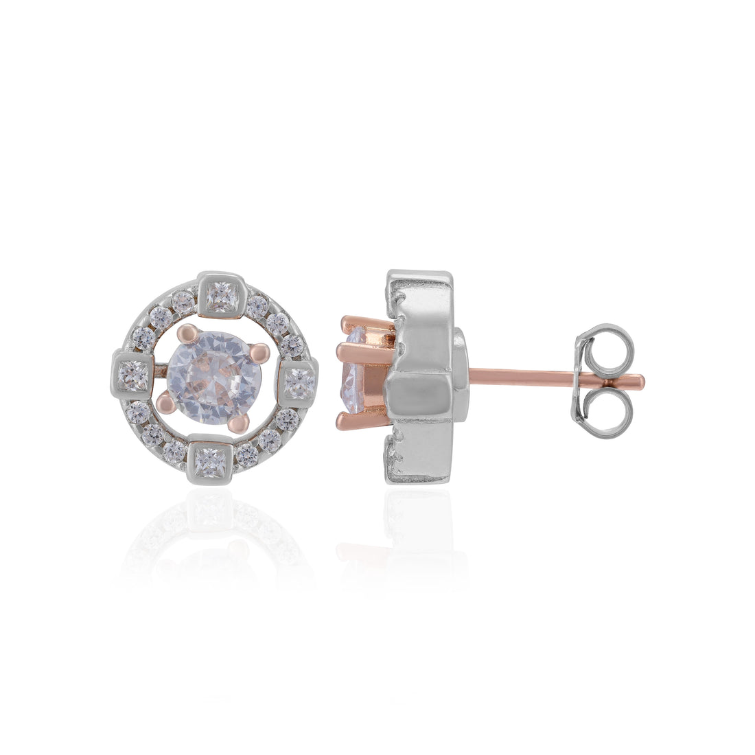 Sterling Silver Radiant Halo Sparkling Stone Dual Tone Earrings For Women