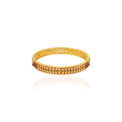 925 Sterling Silver Raised Leaf Motifs Twin Red Accents Gold Plated Bangles for Women