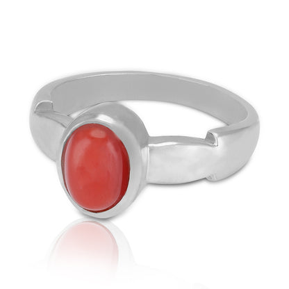 925 Sterling Silver Red Coral Polished Bezel Smooth Curved Band Ring for Men